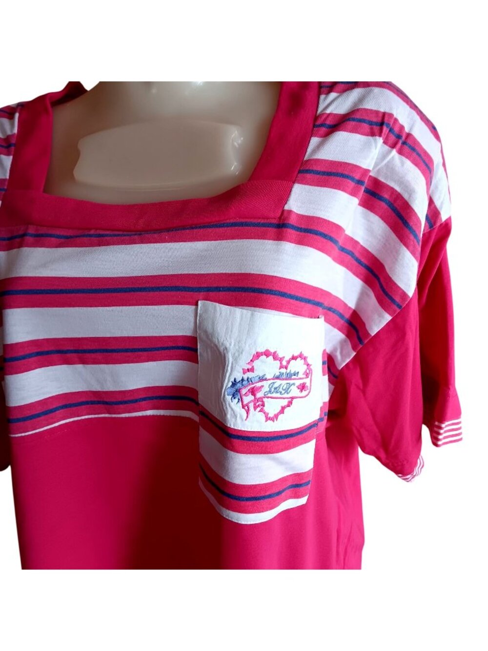 XL Vintage T-shirt 90's Padded Pink Striped Square Neck Embroidered Pocket